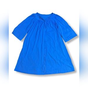 Blue Long Button-Down Faux Silk Embroidered Kneckline Slip Dress Nightgown